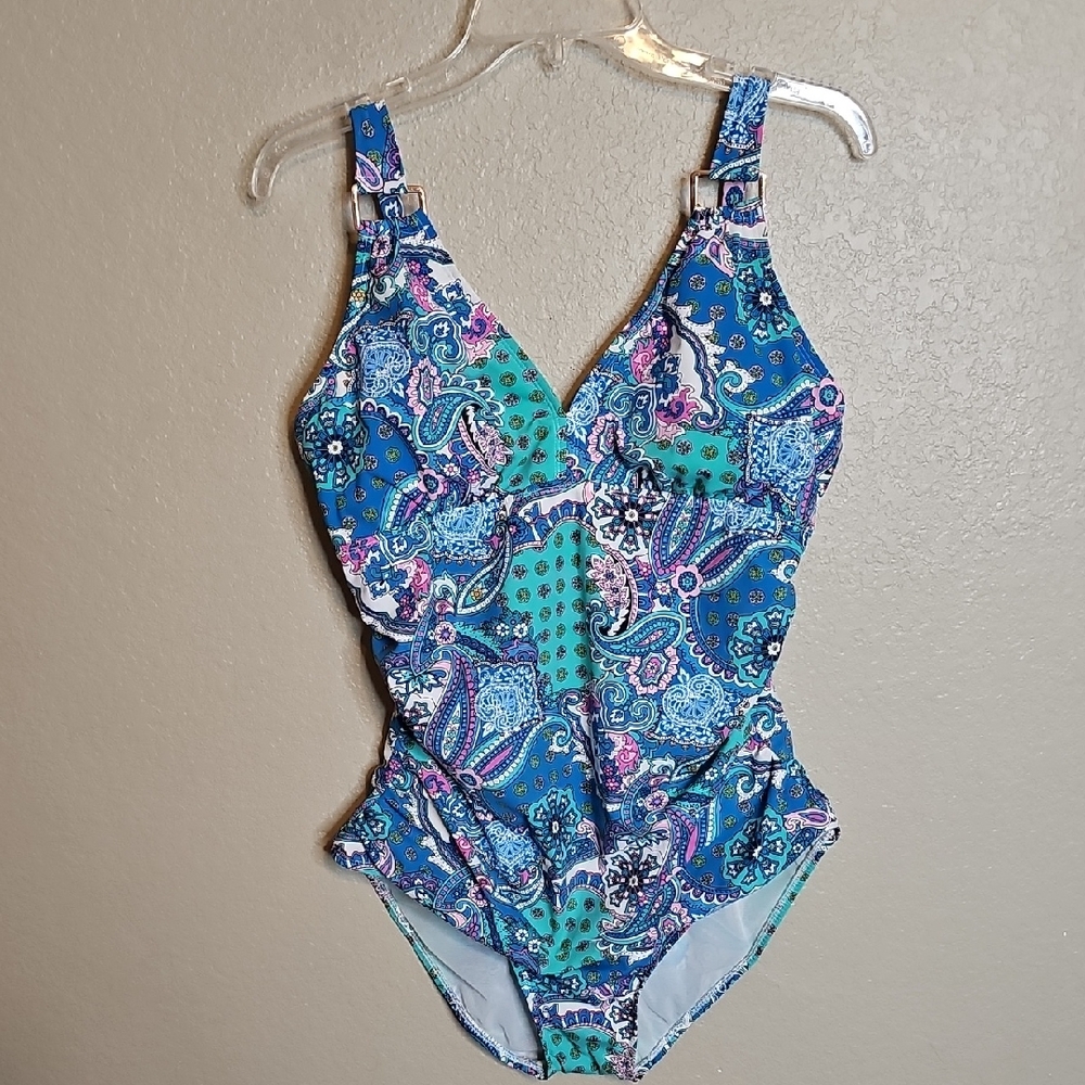 SPANX Blue Teal Paisley One-Piece Swimsuit